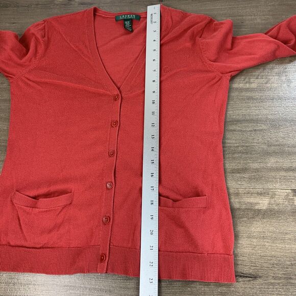 Lauren Ralph Lauren Womens Cardigan Sweater Sz Medium Red Cotton Pockets Button - Picture 4 of 9